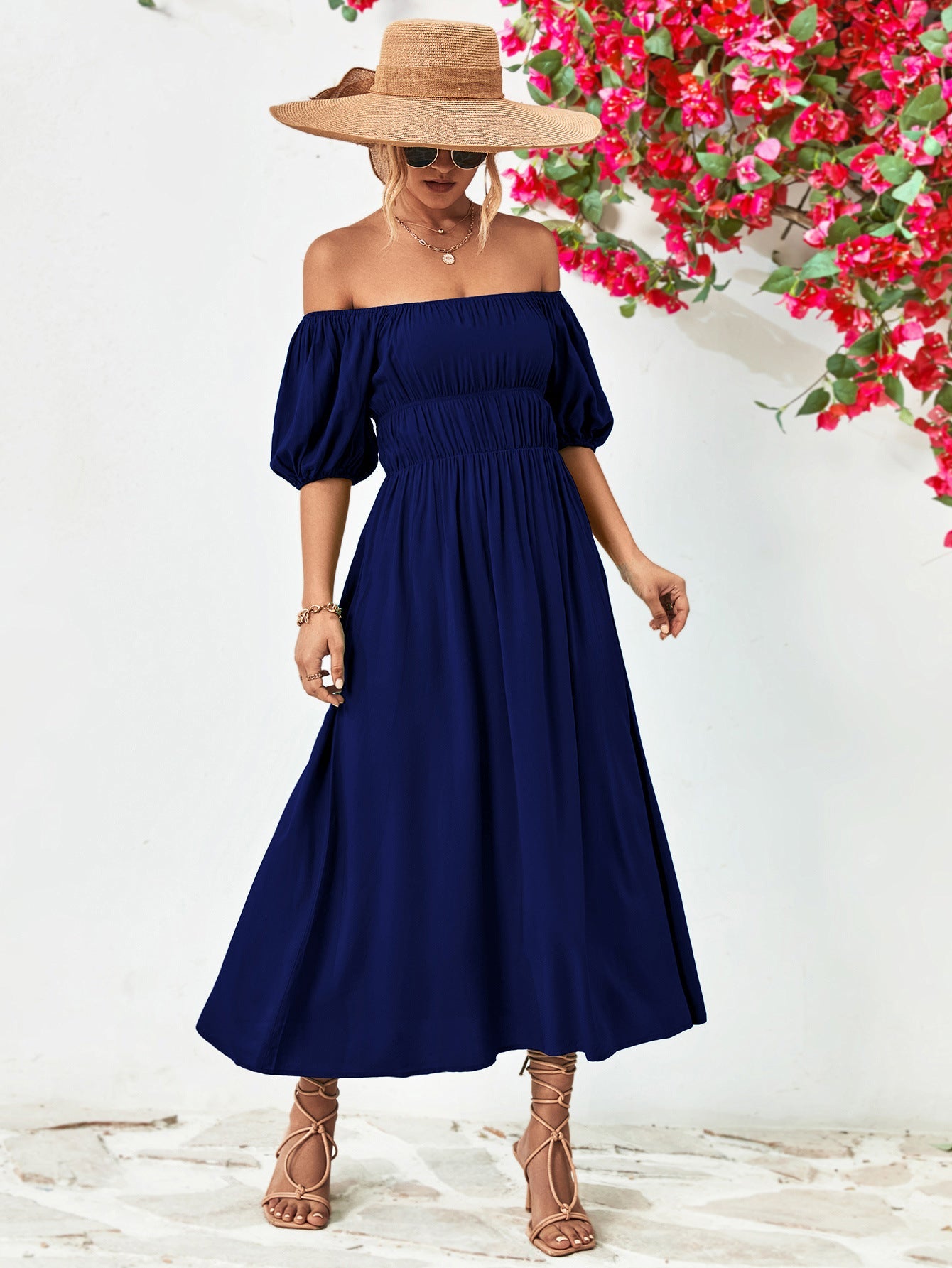 Off-Shoulder Balloon Sleeve Midi Dress 