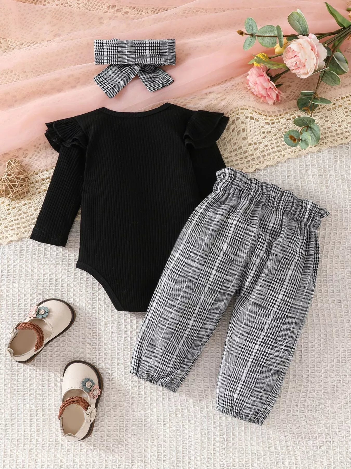 Children's Bodysuit & Plaid Pants & Headband Set 