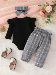 Children's Bodysuit & Plaid Pants & Headband Set 