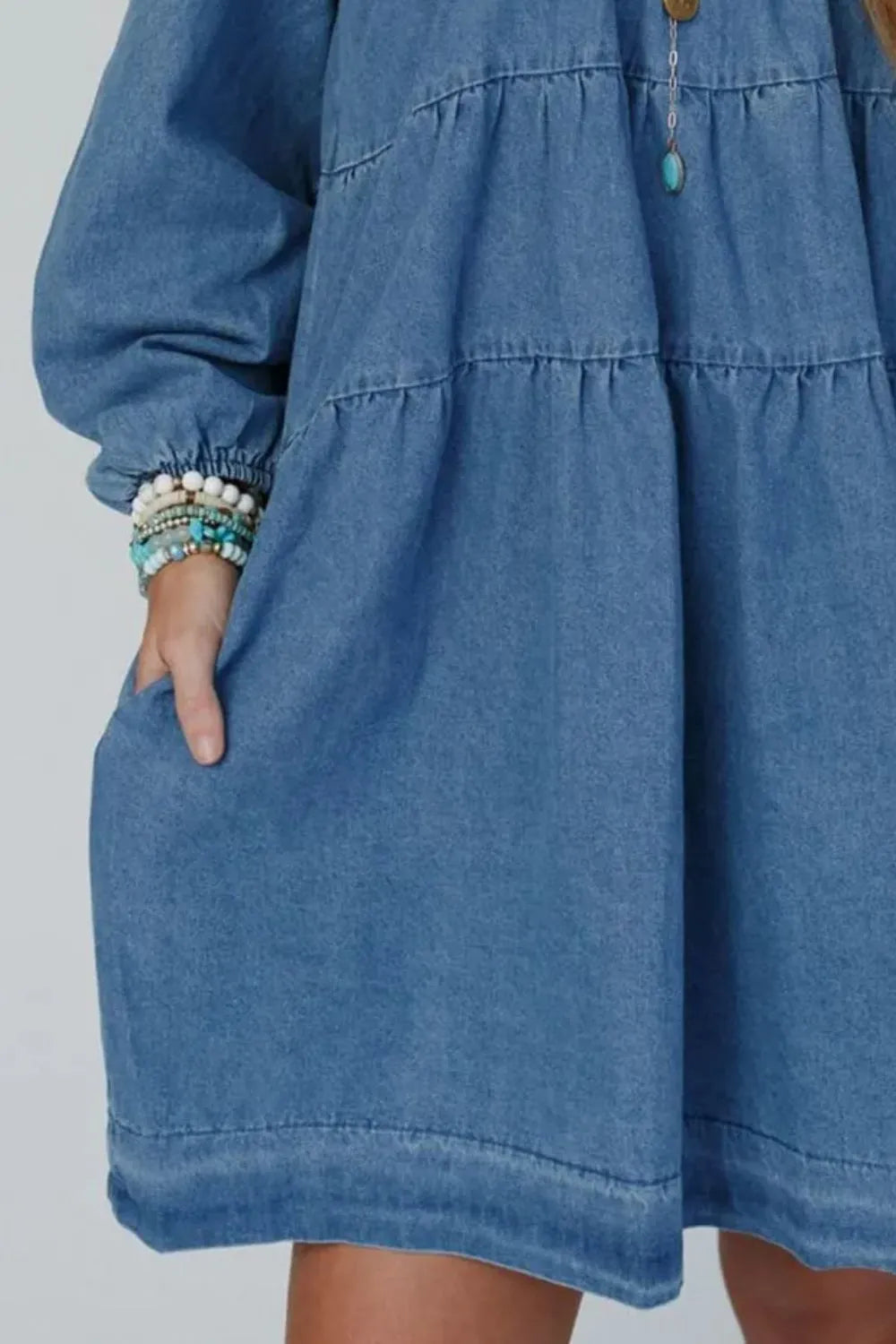 Tied Square Neck Long Sleeve Denim Dress with Pockets 