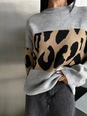 Leopard Color Block Round Neck Sweater 