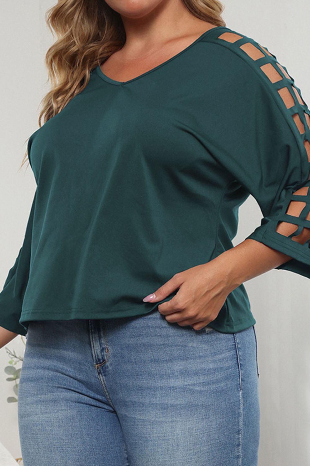 Plus Size Cutout Three-Quarter Sleeve Blouse 