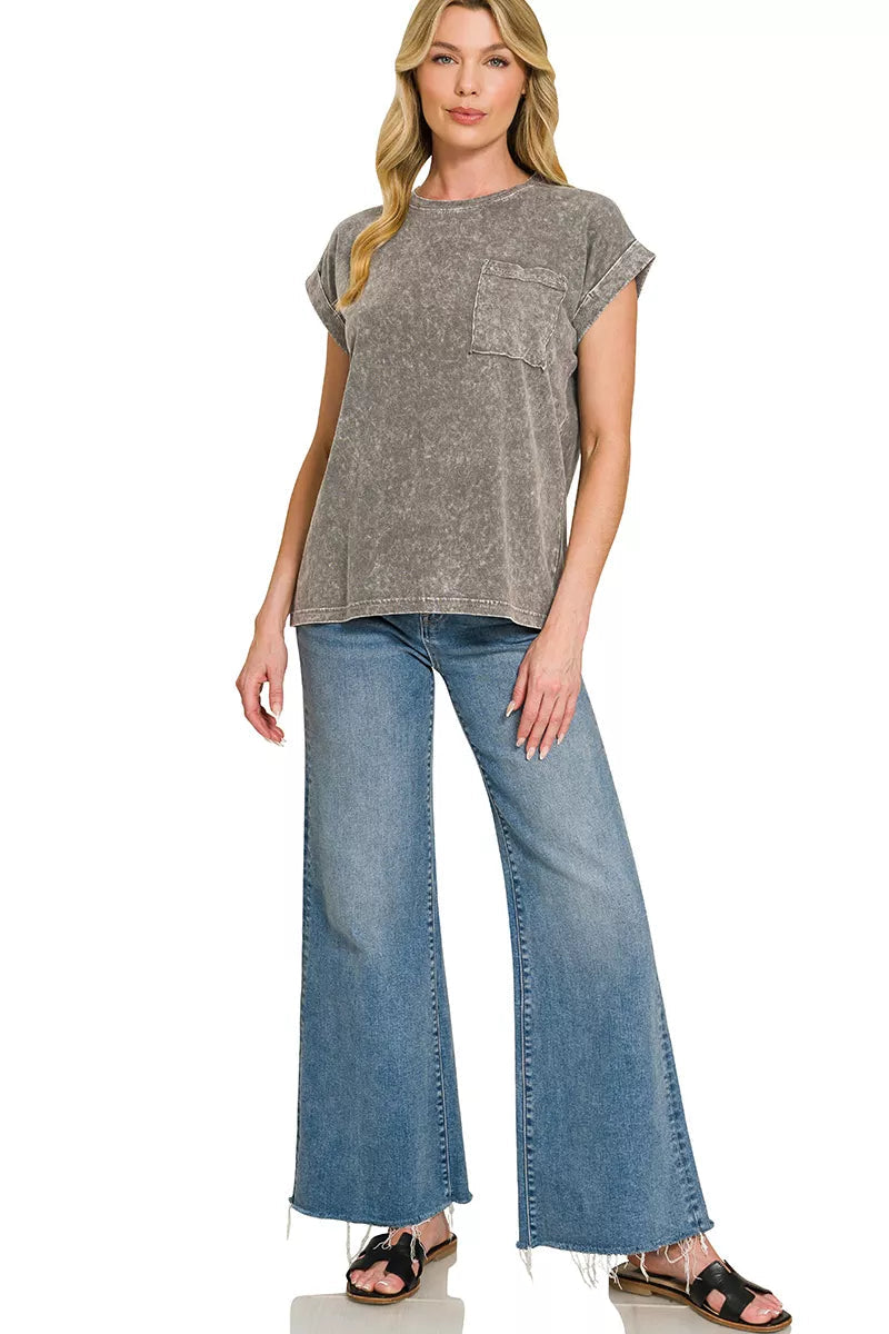 Zenana Halo Snow Washed Cuffed Short Sleeve Tee 