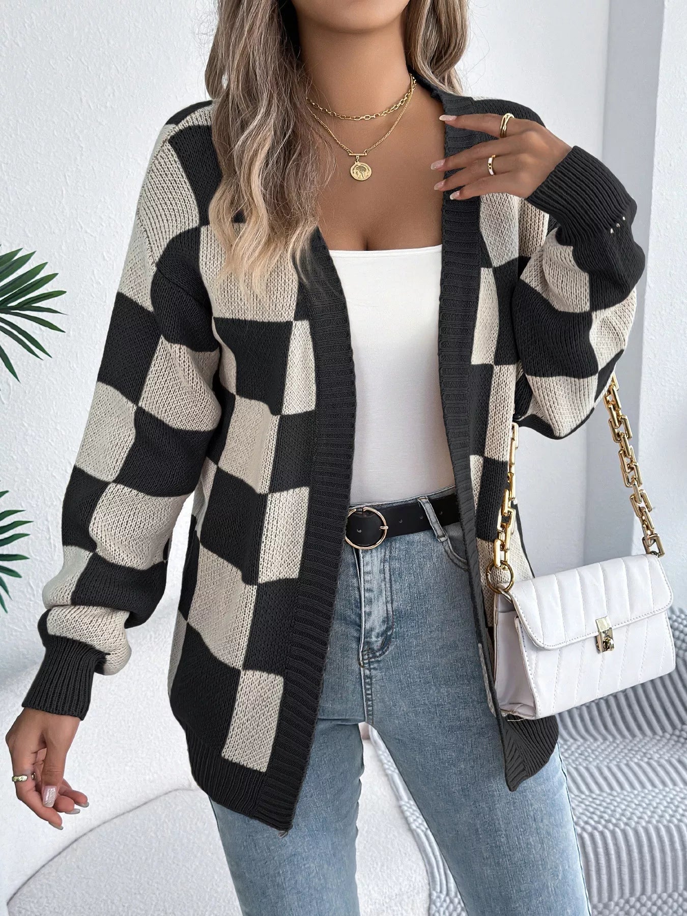 Checkered Pattern Open Front Cardigan 