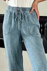Drawstring High Waist Jeans with Pockets 
