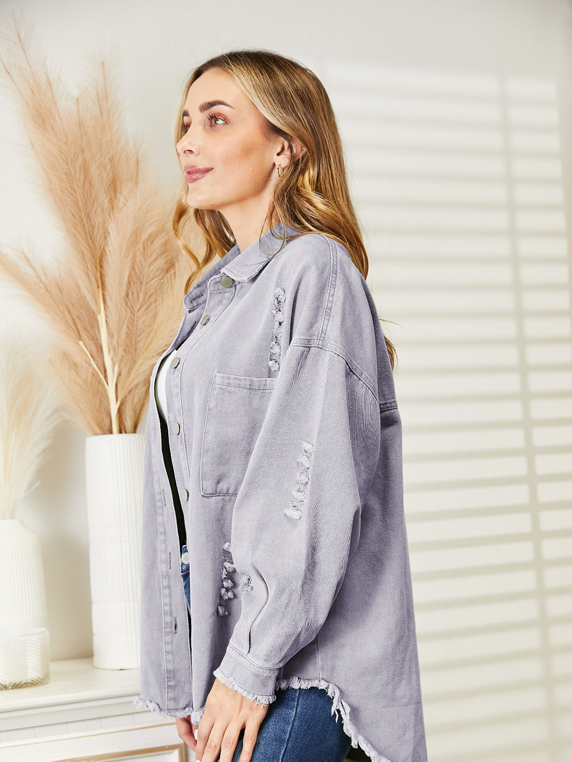 Distressed Raw Hem Denim Jacket 
