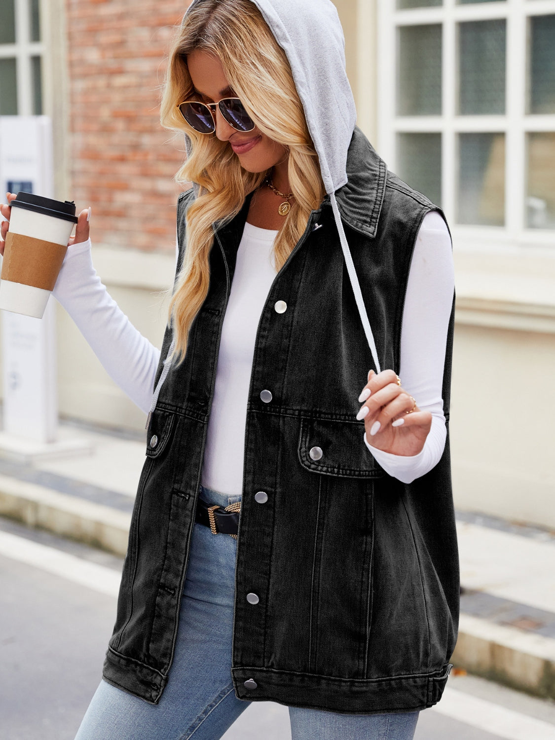 Drawstring Hooded Sleeveless Denim Jacket 