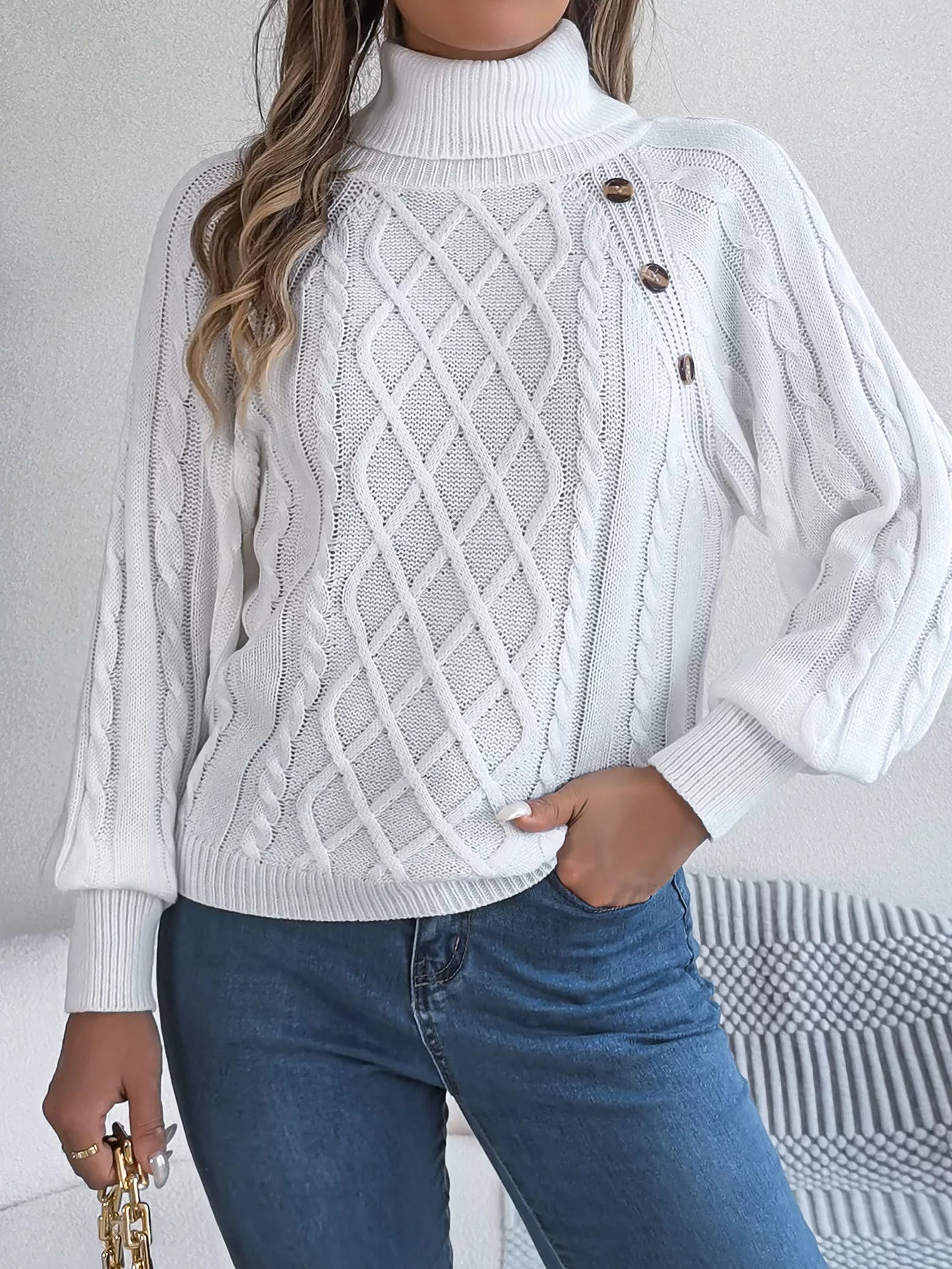 Cable Knit Turtleneck Long Sleeve Sweater 