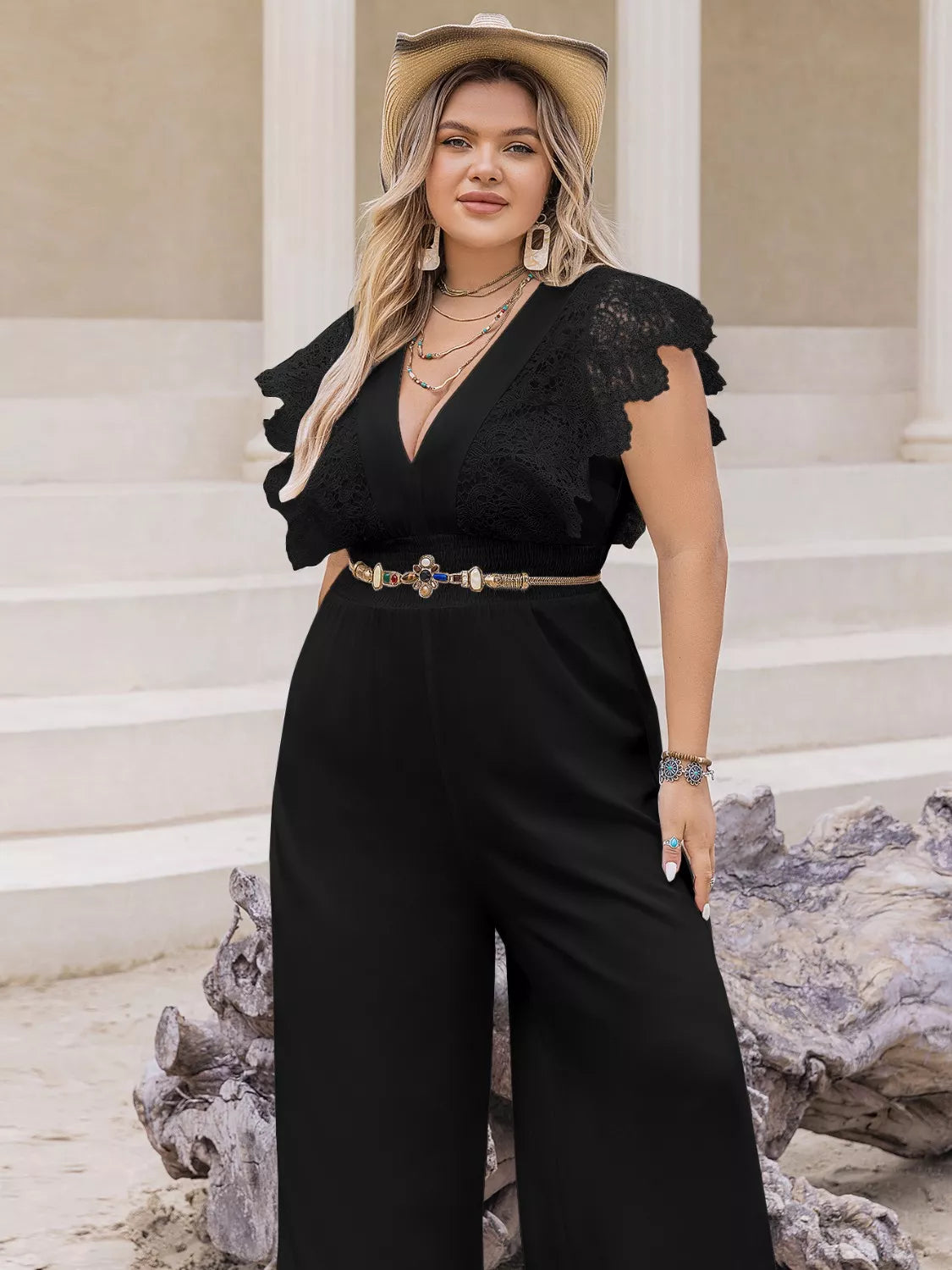Plus Size Lace Cap Sleeve Wide Leg Jumpsuit 