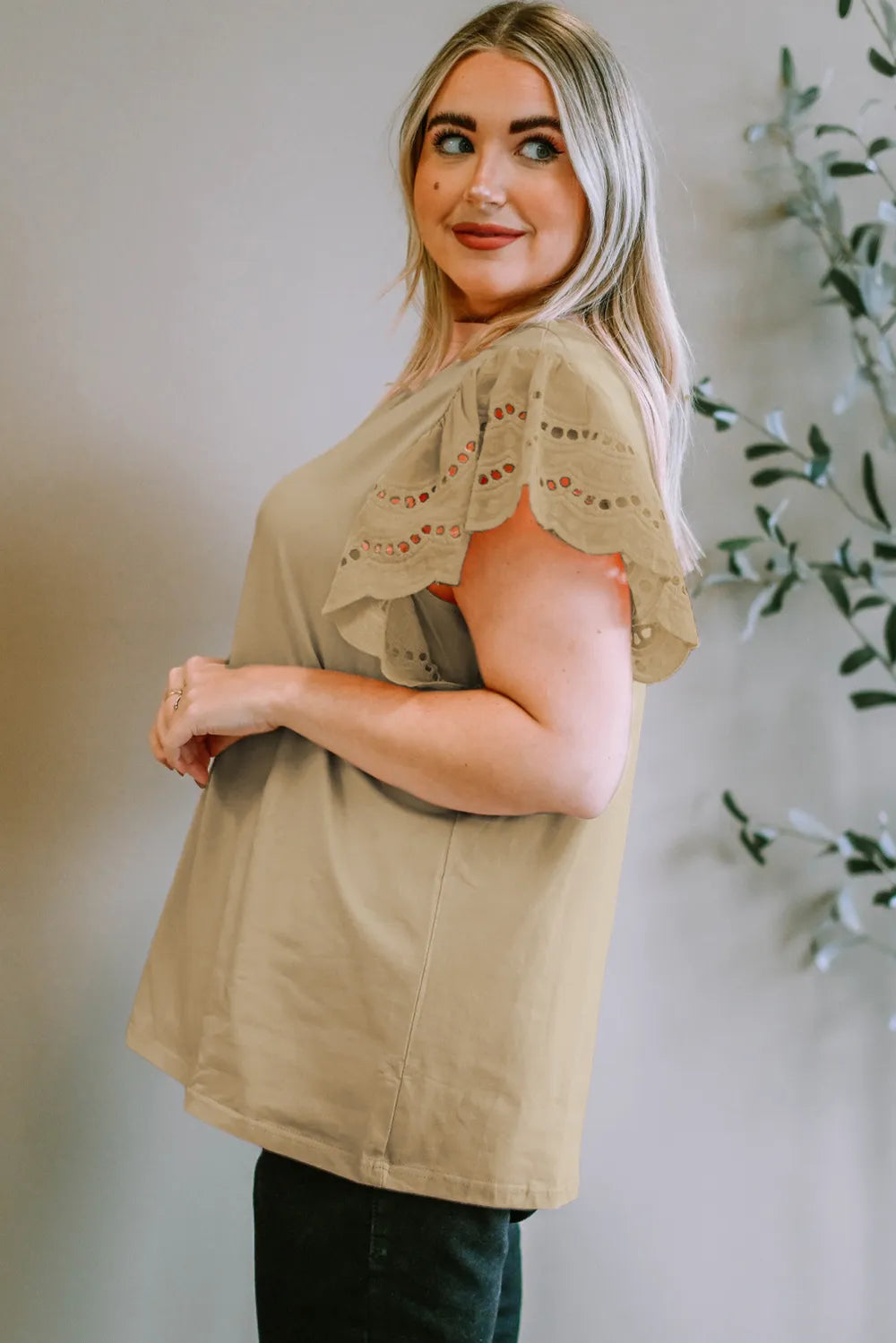 Plus Size Eyelet Round Neck Short Sleeve Blouse 