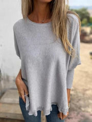 Full Size Round Neck Long Sleeve Knit Top with Lace Trim Plus Size 