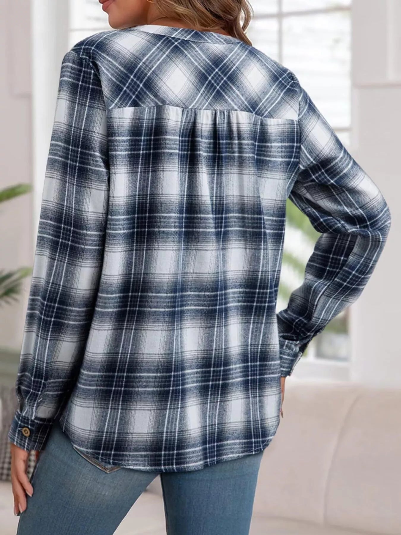 Plaid Half Button Long Sleeve Blouse 