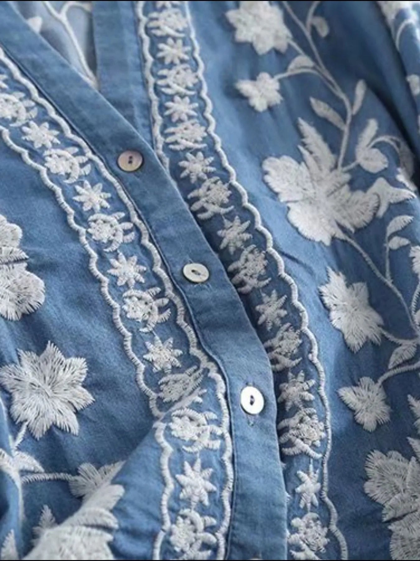 Floral Embroidered Button Up Denim Shirt 