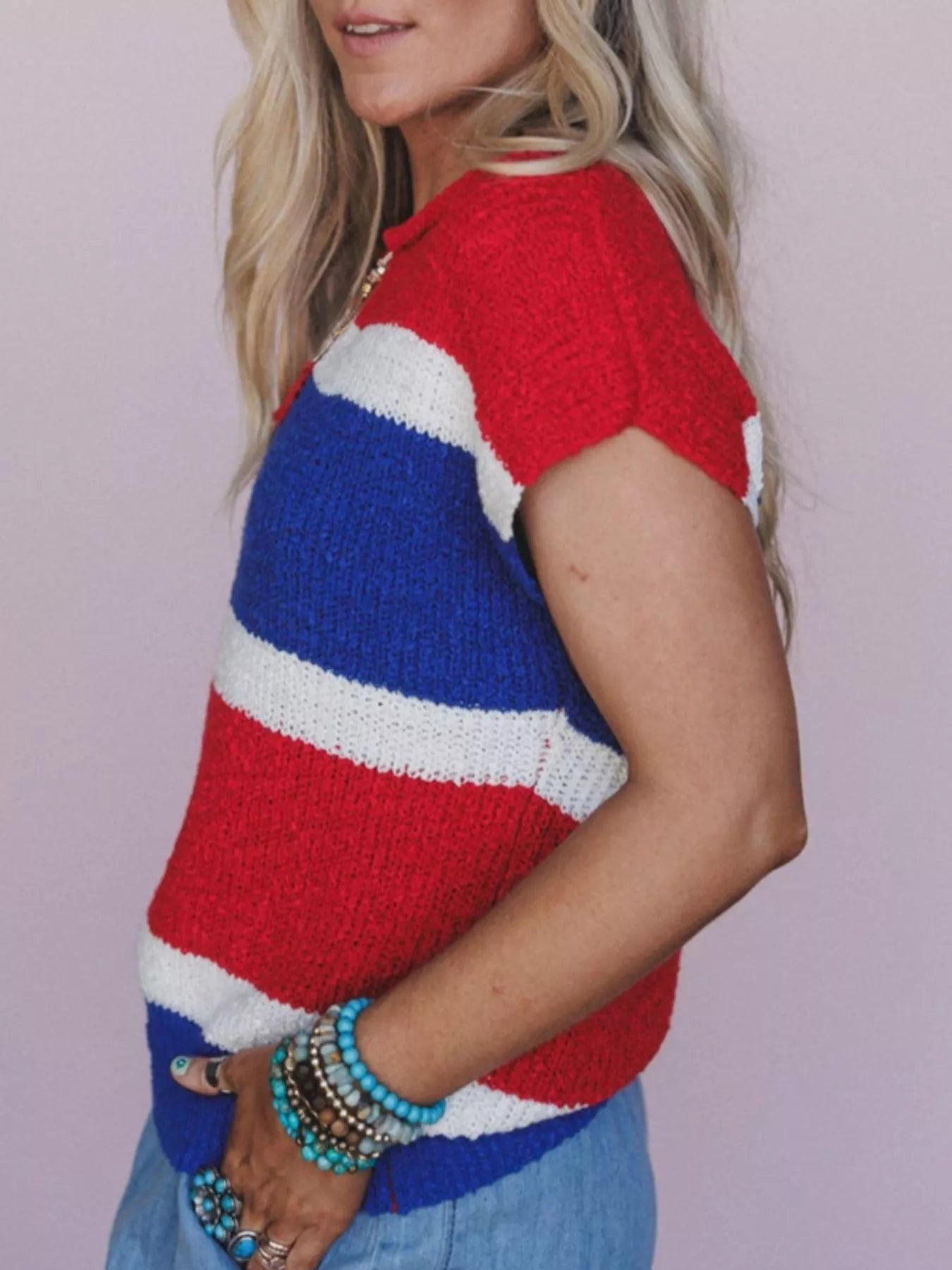Striped Notched Short Sleeve Sweater 