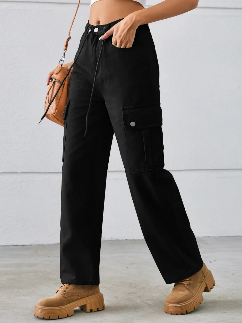 Drawstring Mid-Rise Waist Straight Cargo Jeans 