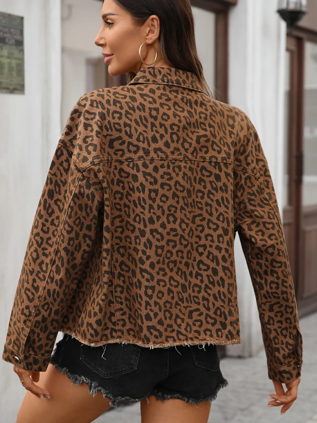 Leopard Print Raw Hem Denim Jacket 