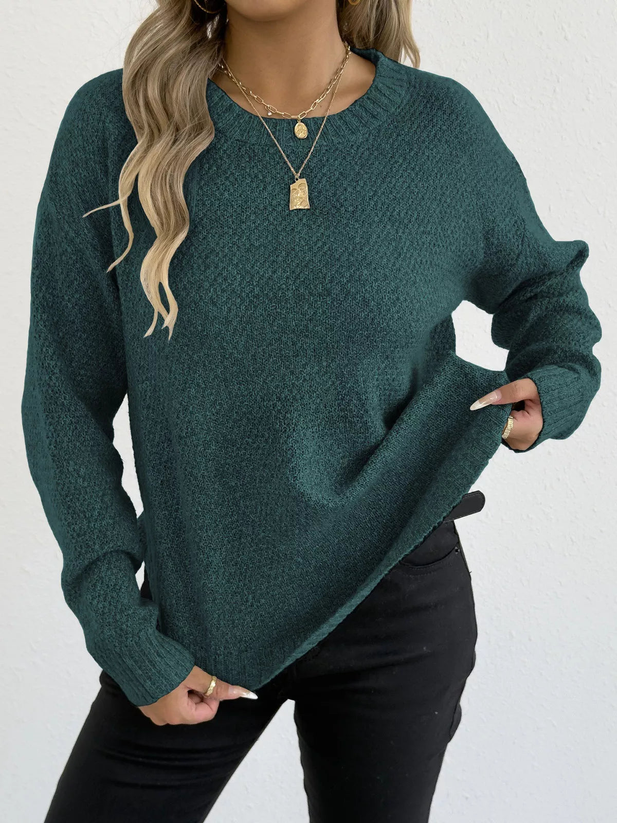 Textured Knit Relaxed Fit Round Neck Sweater 