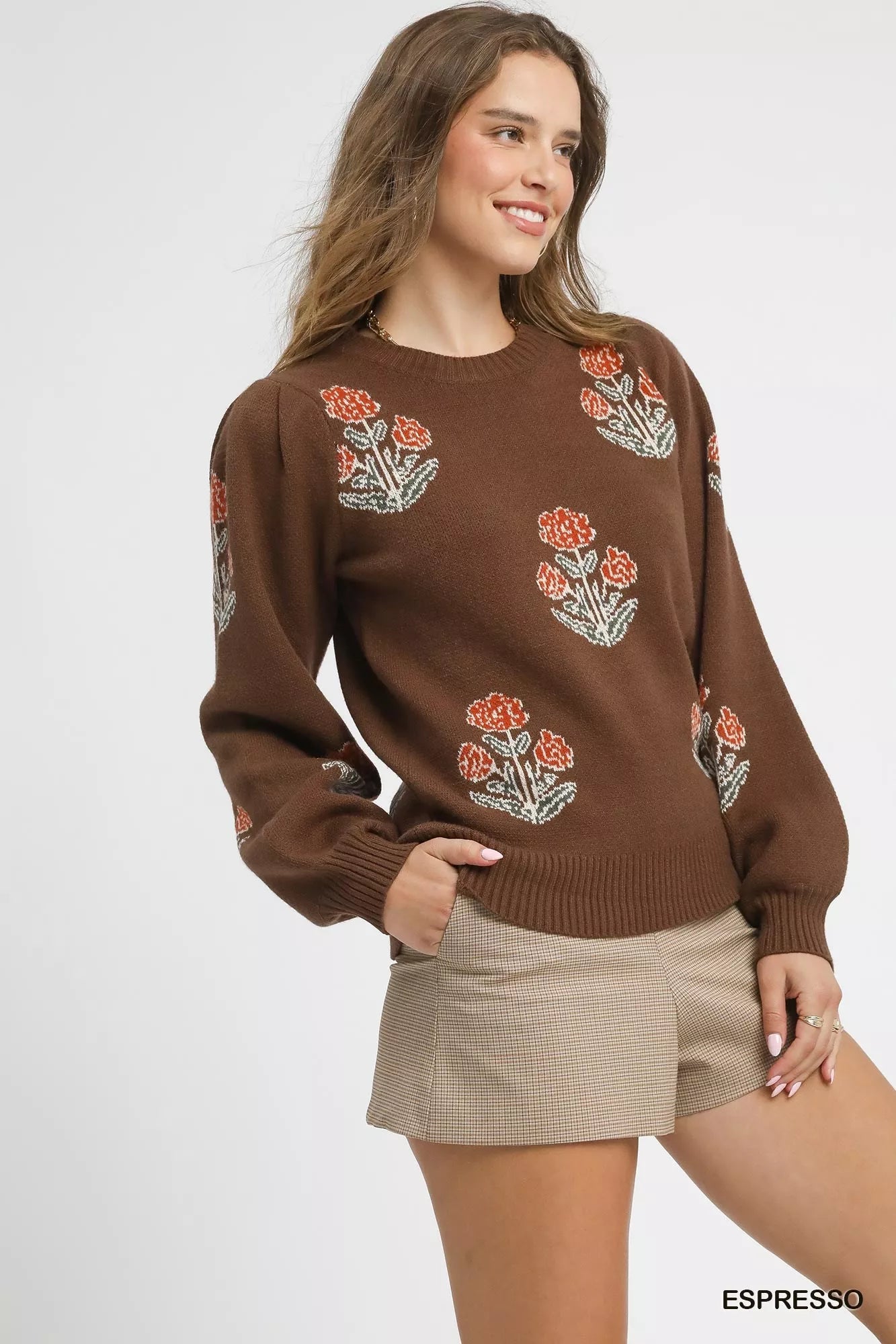 Umgee Floral Knit Sweater with Puff Sleeves 
