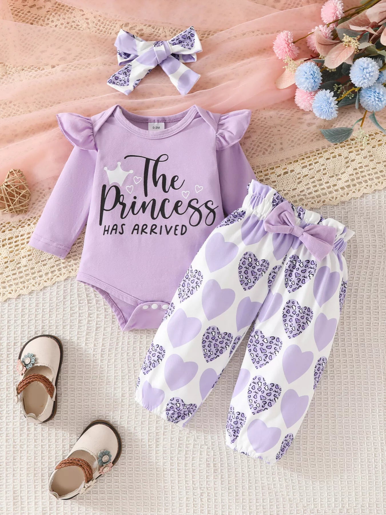 Children's Graphic Ruffled Top and Pants Set with Headband 