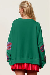 Double Take Christmas Element Sequin Round Neck Long Sleeve Sweatshirt 