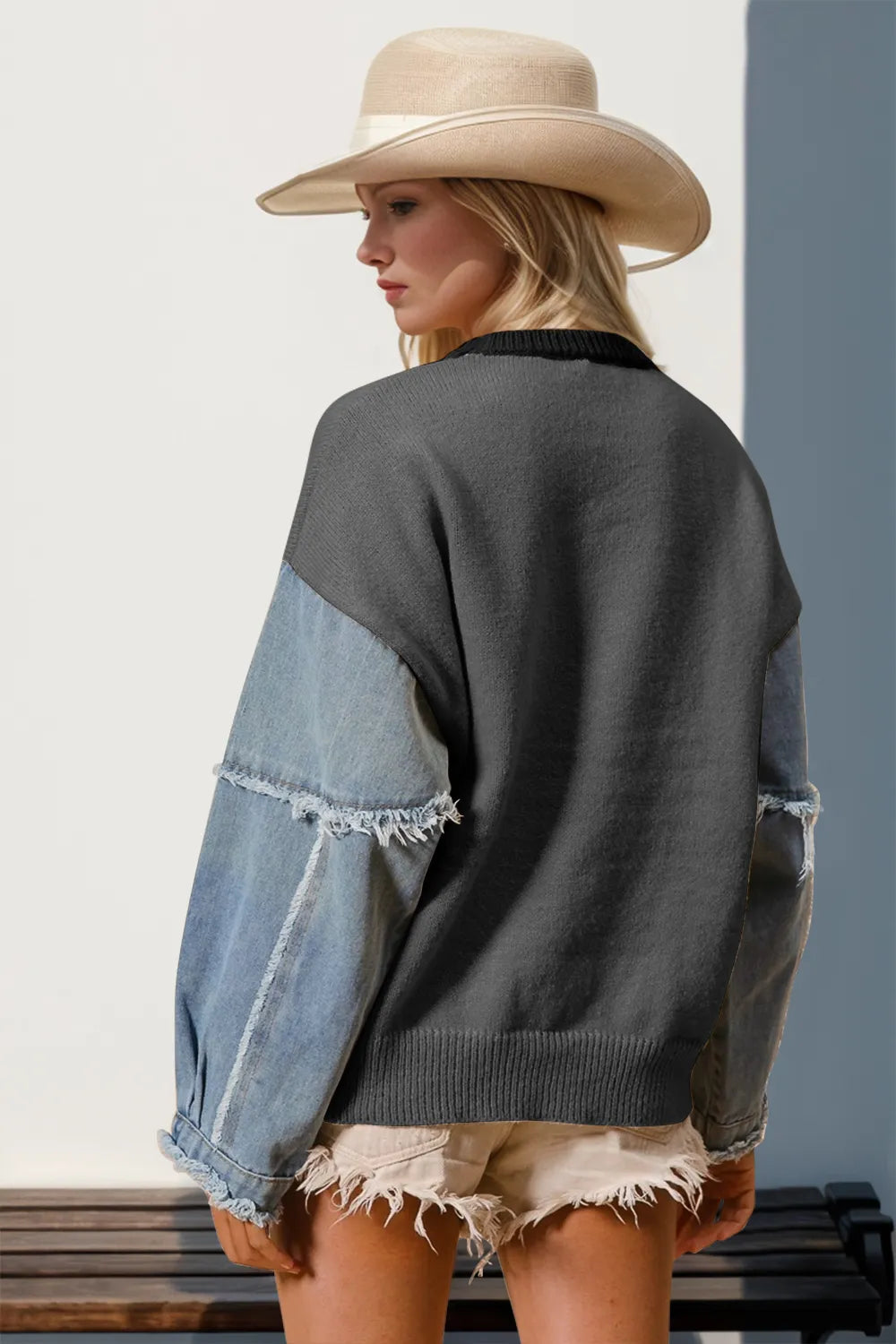 Double Take Full Size Star Pattern Raw Edge Long Sleeve Sweater 