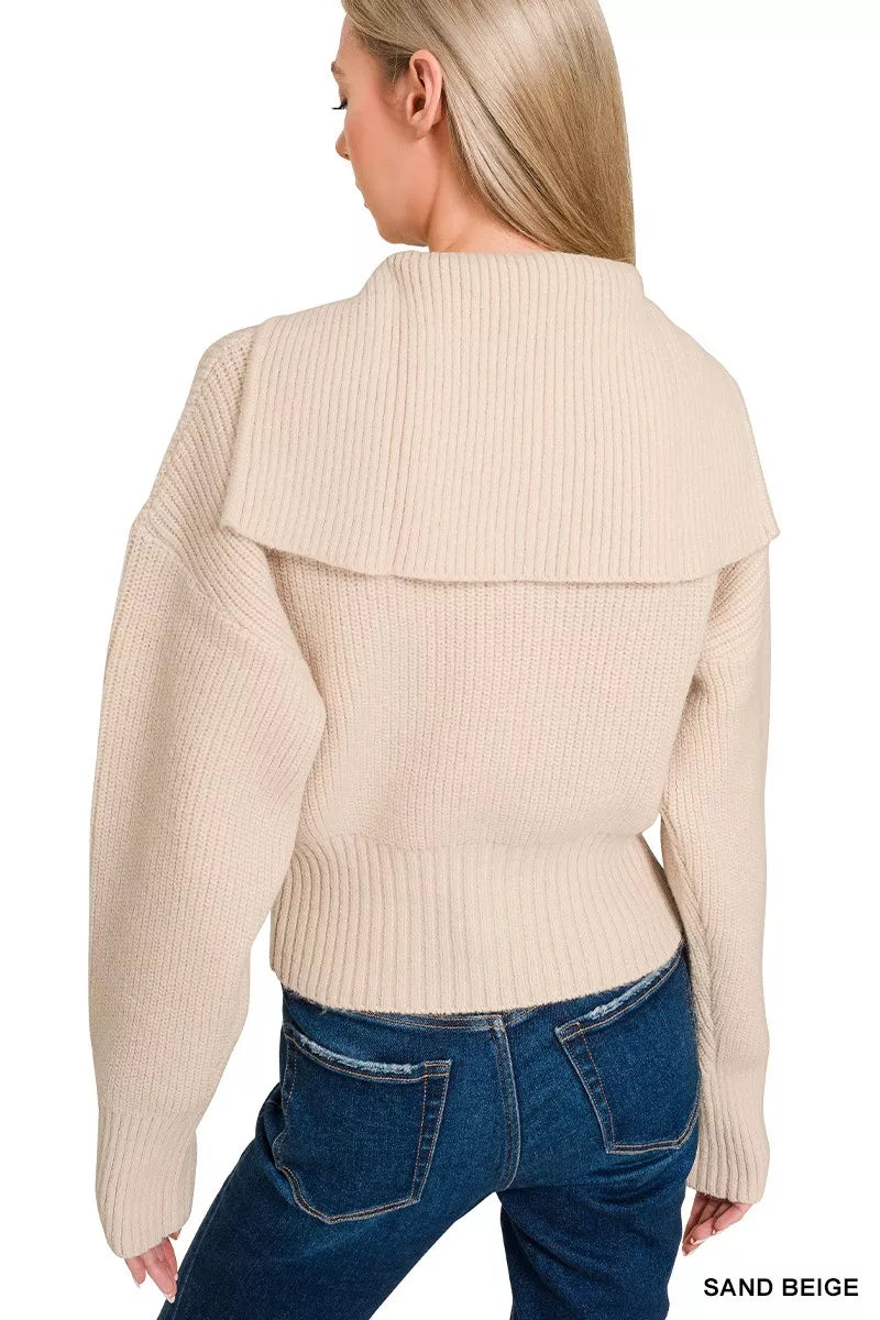 Zenana Ribbed Collared Zip Up Sweater Cardigan 