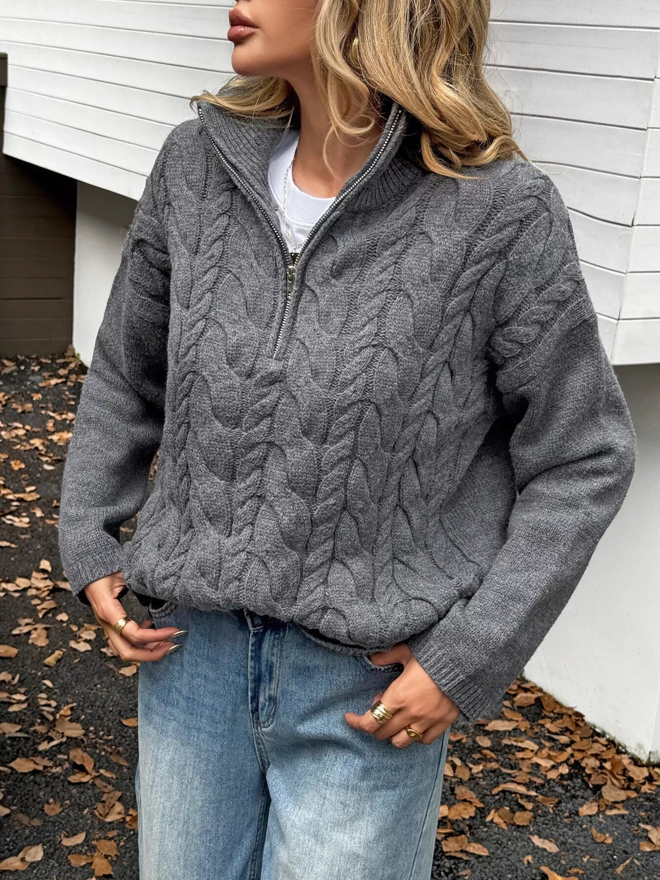 Zip Collar Cable-Knit Sweater 