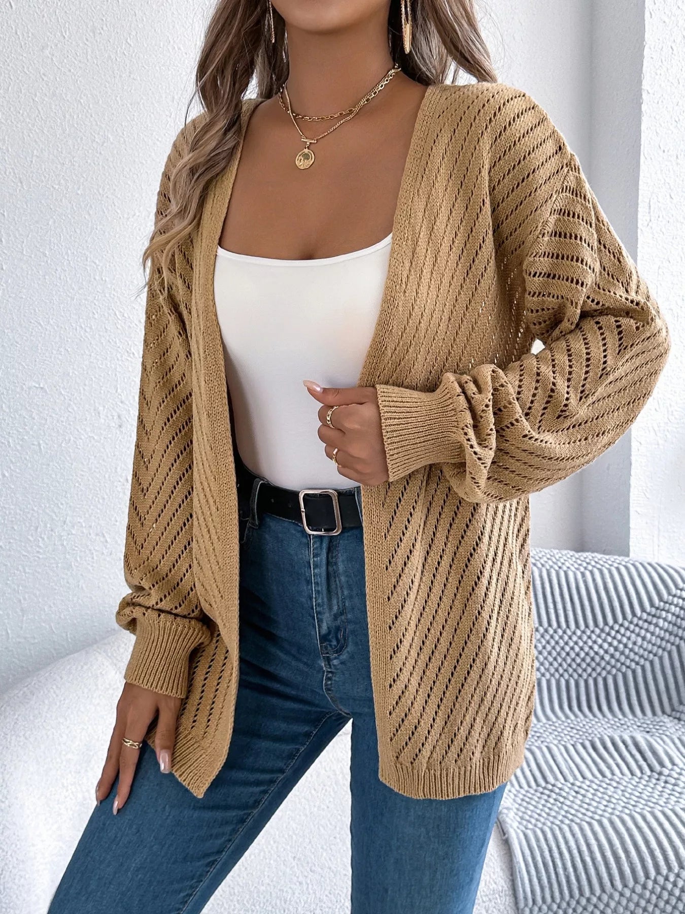 Openwork Open-Front Long Sleeve Cardigan 