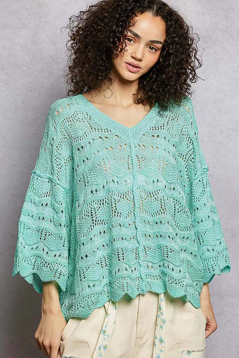 POL Drop Shoulder V-Neck Knit Top with Scalloped Hem 
