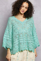 POL Drop Shoulder V-Neck Knit Top with Scalloped Hem 