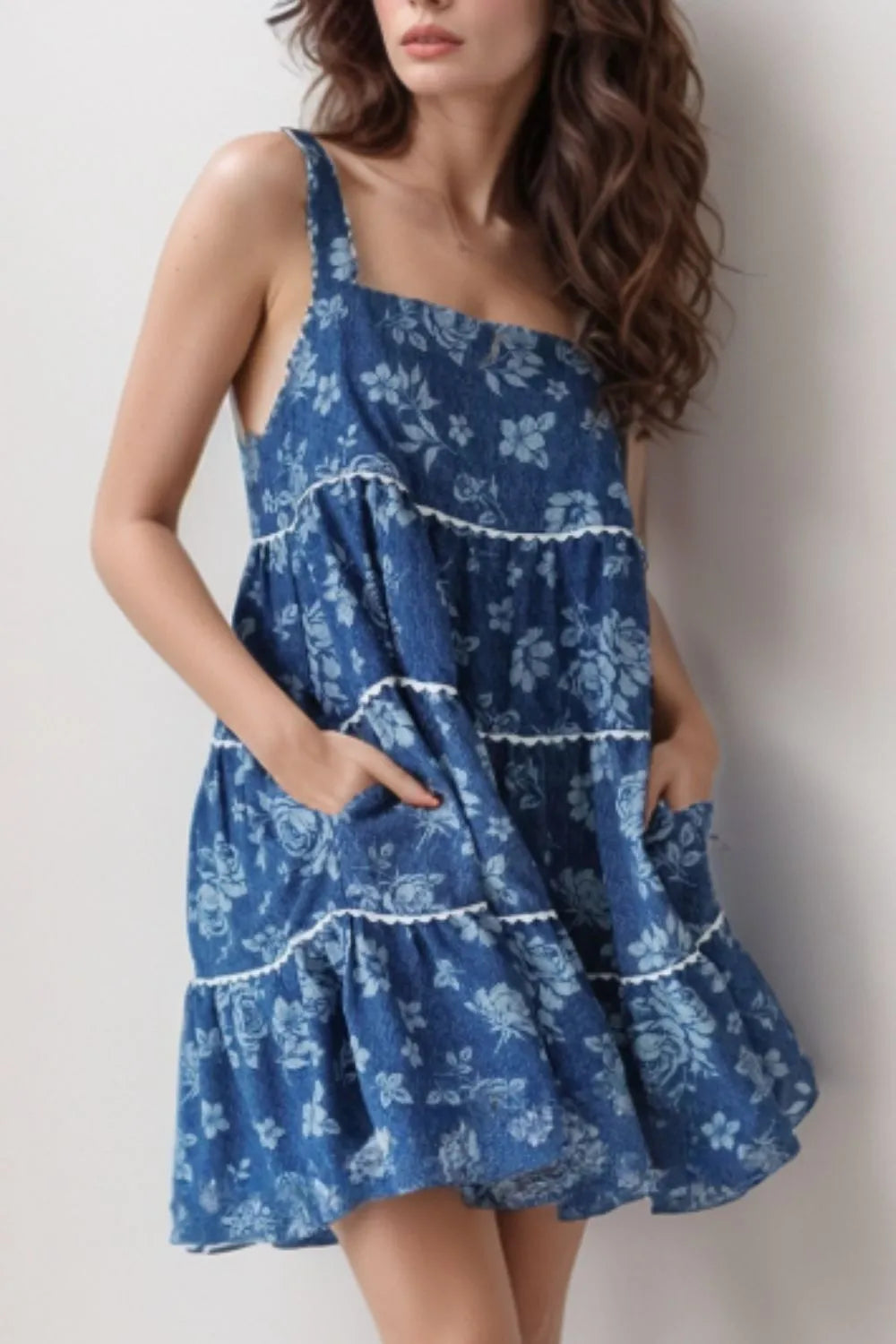Floral Tiered Square Neck Denim Dress 