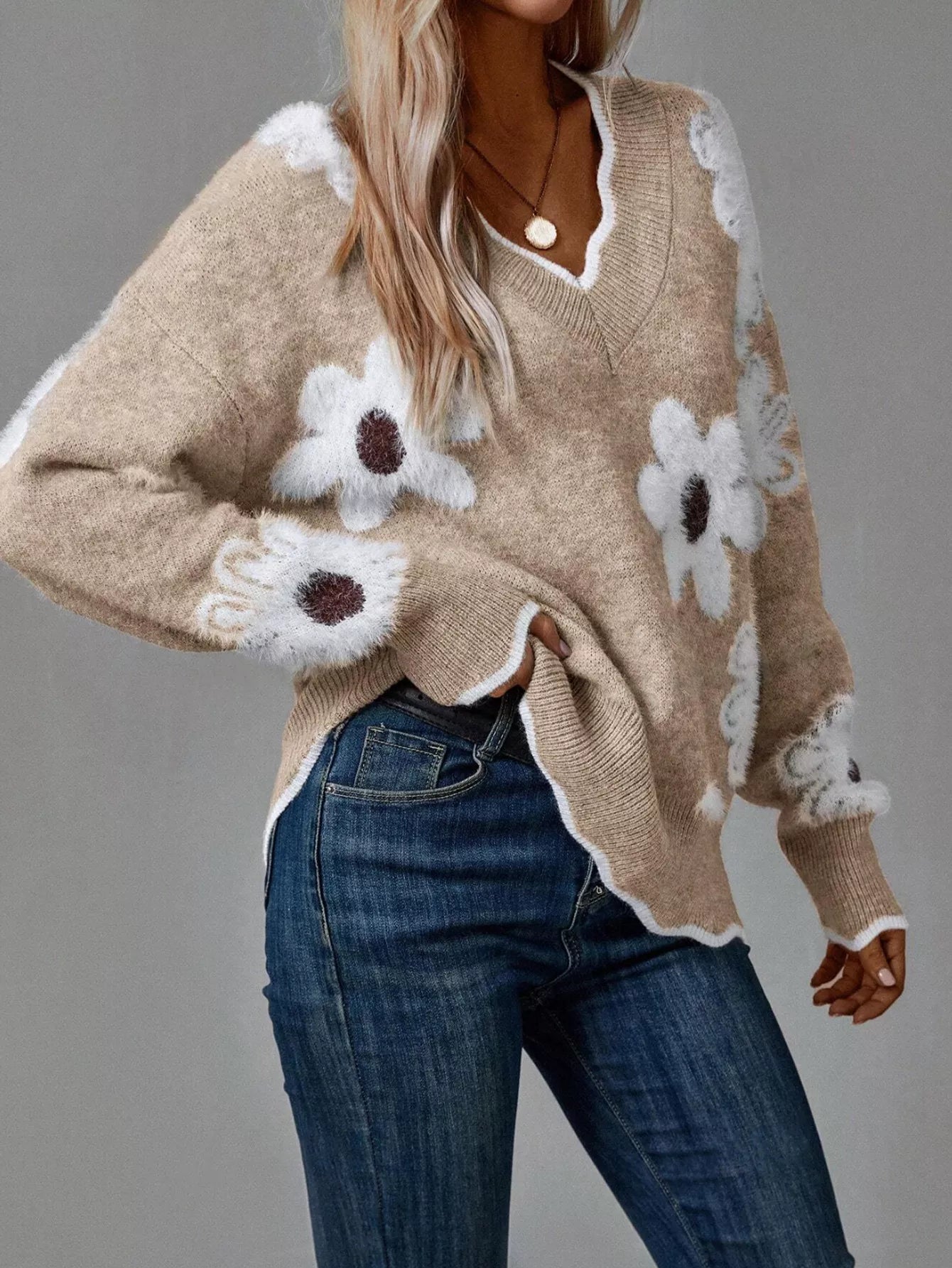 Floral V-Neck Long Sleeve Sweater 