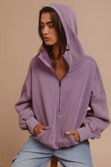 BiBi Stitch Detailed Elastic Hem Half Zip Fleece Hoodie 
