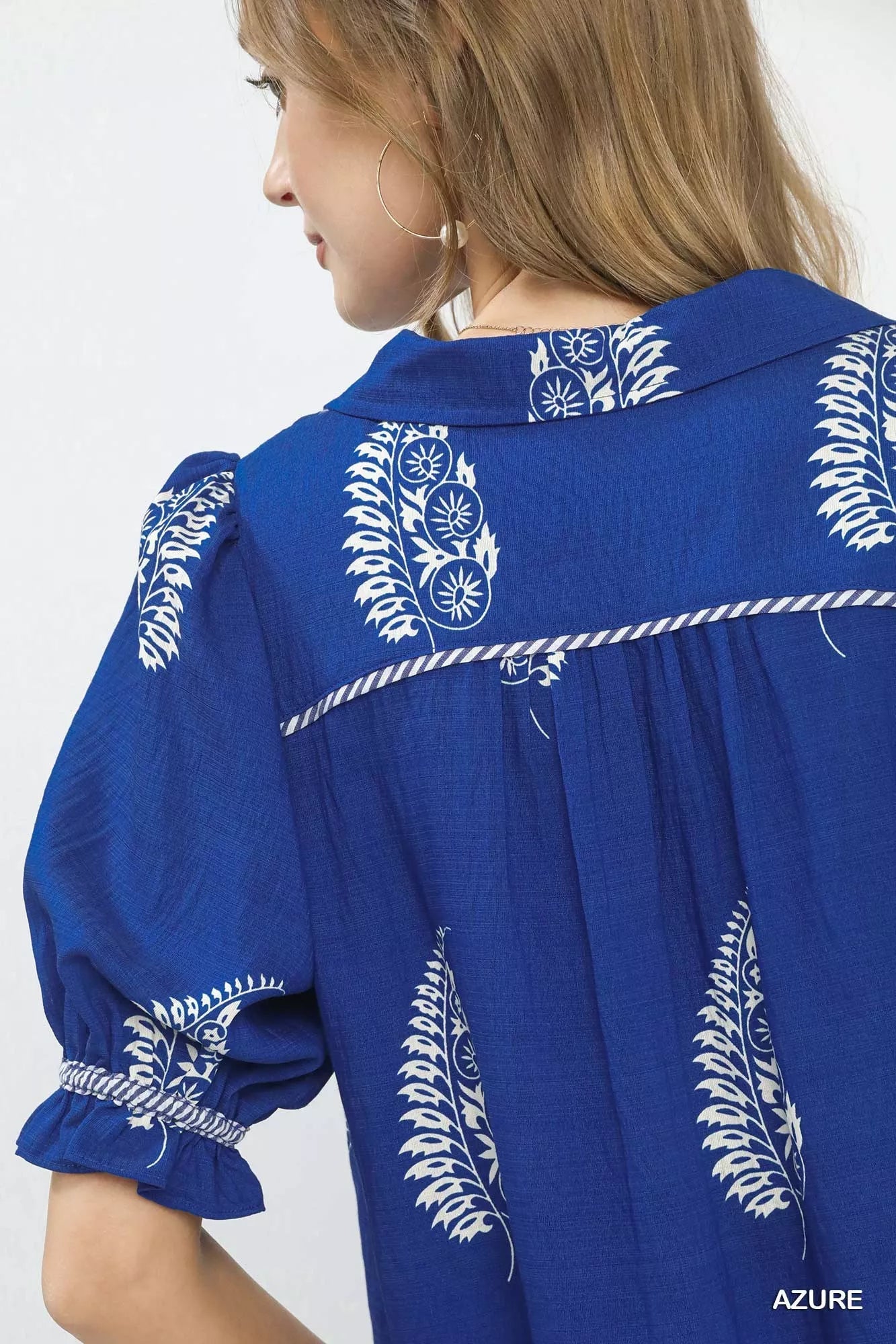 Umgee Printed Puff Sleeve Split Neck Top 