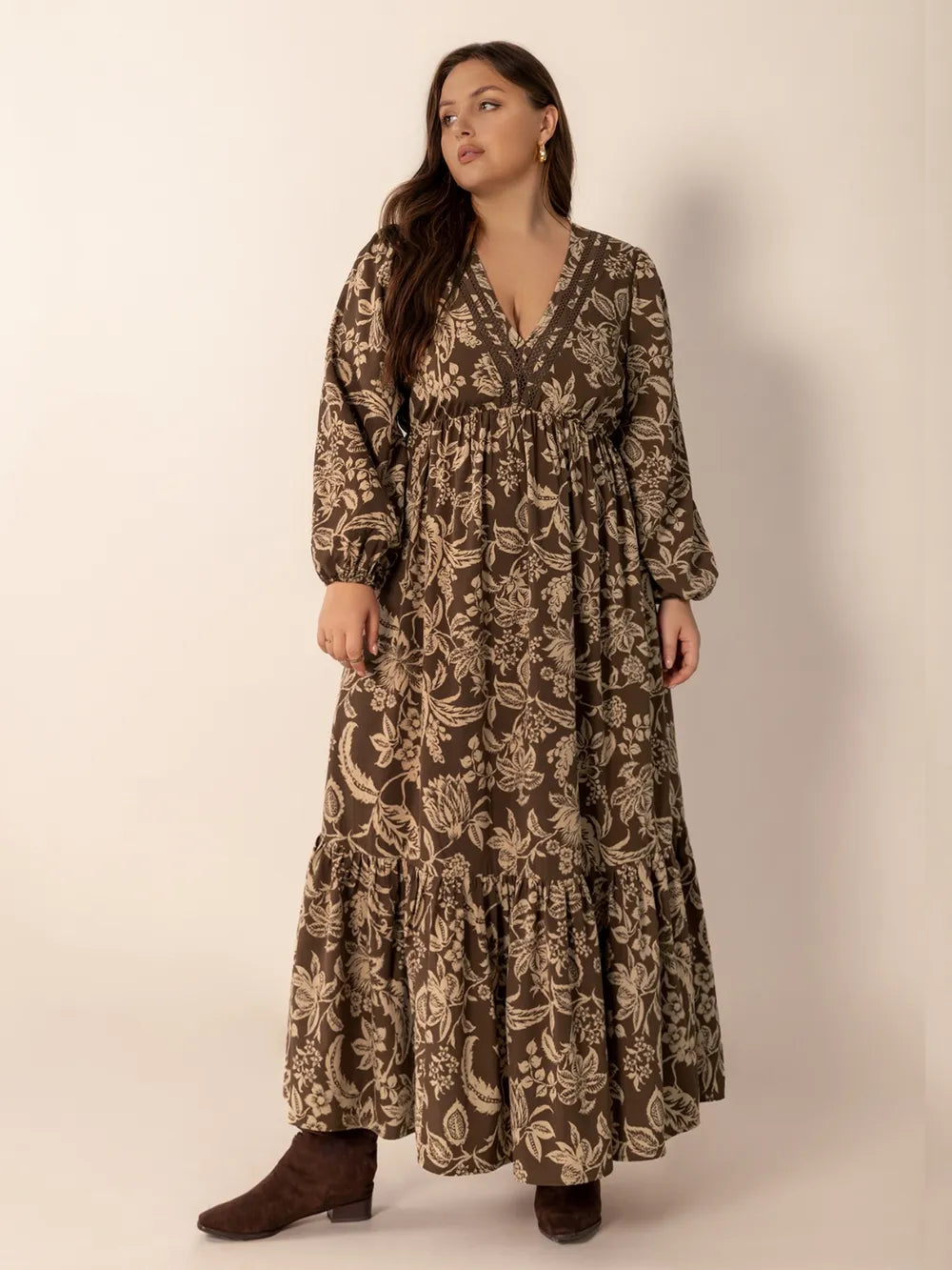 Plus Size Printed V-Neck Balloon Sleeve Maxi Dress 