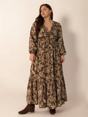 Plus Size Printed V-Neck Balloon Sleeve Maxi Dress 