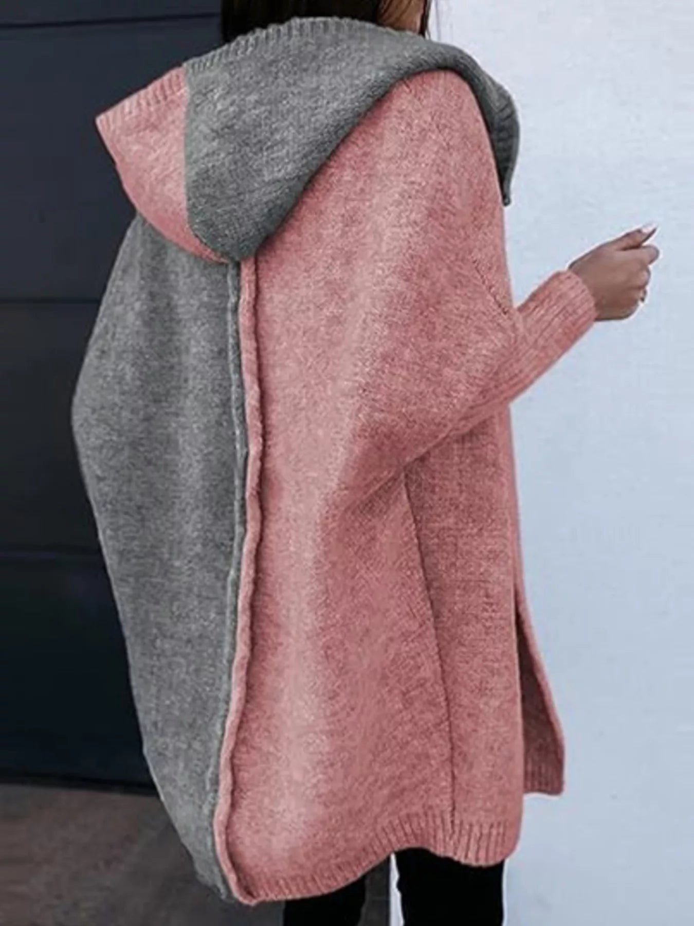 Two-Tone Open Front Knit Hooded Cardigan 