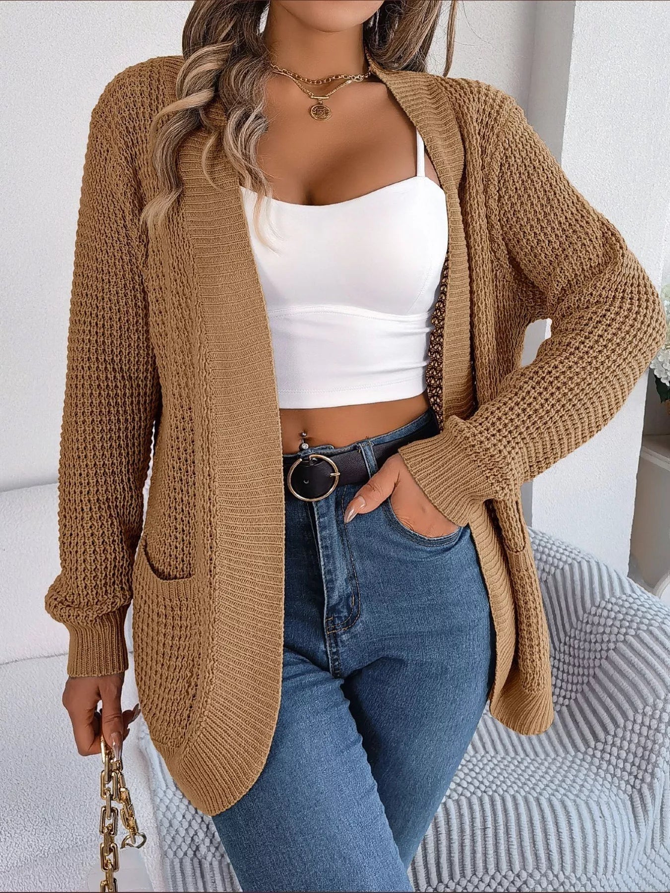 Chunky Knit Open Front Cardigan with Pockets 