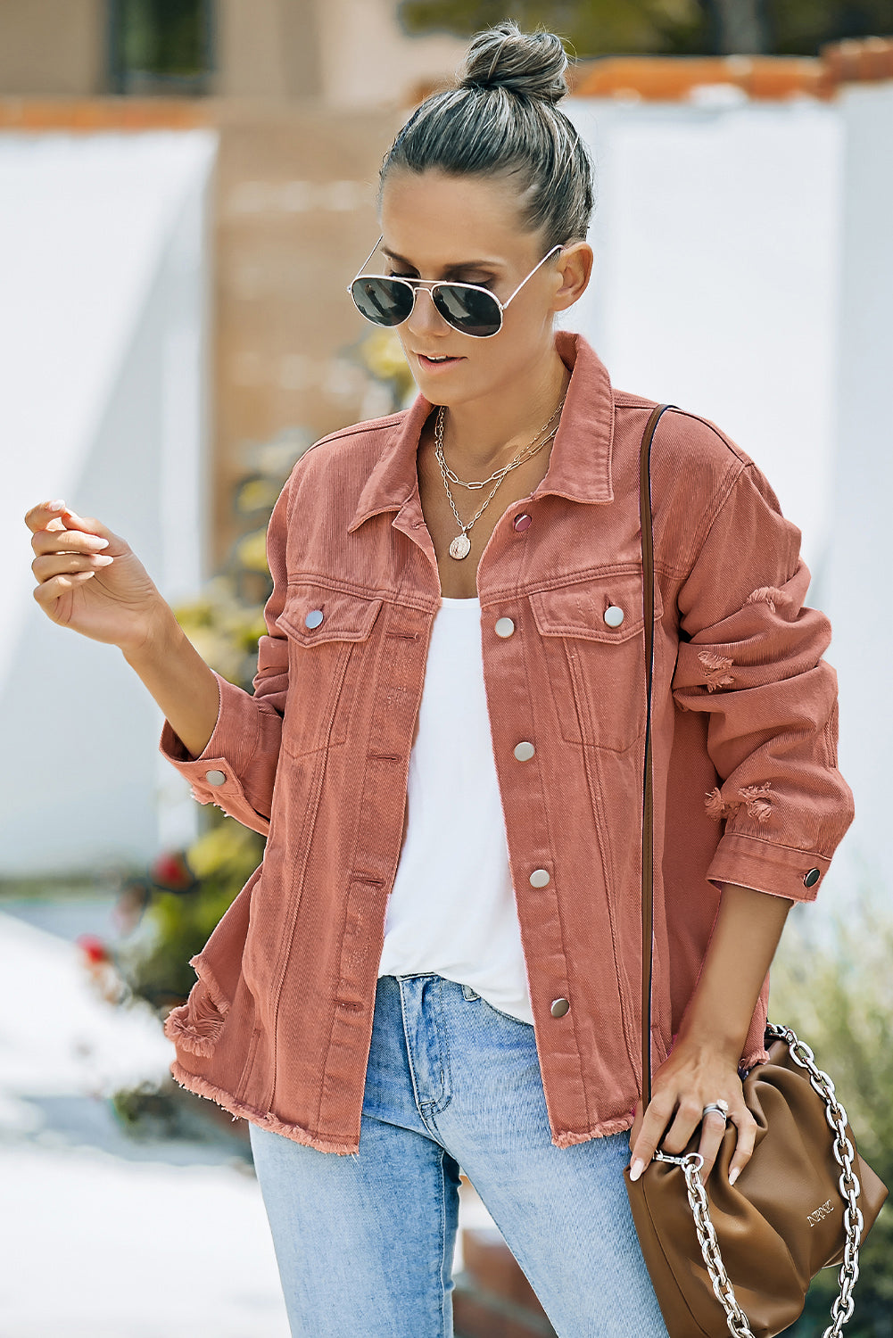 Distressed Raw Hem Denim Jacket 