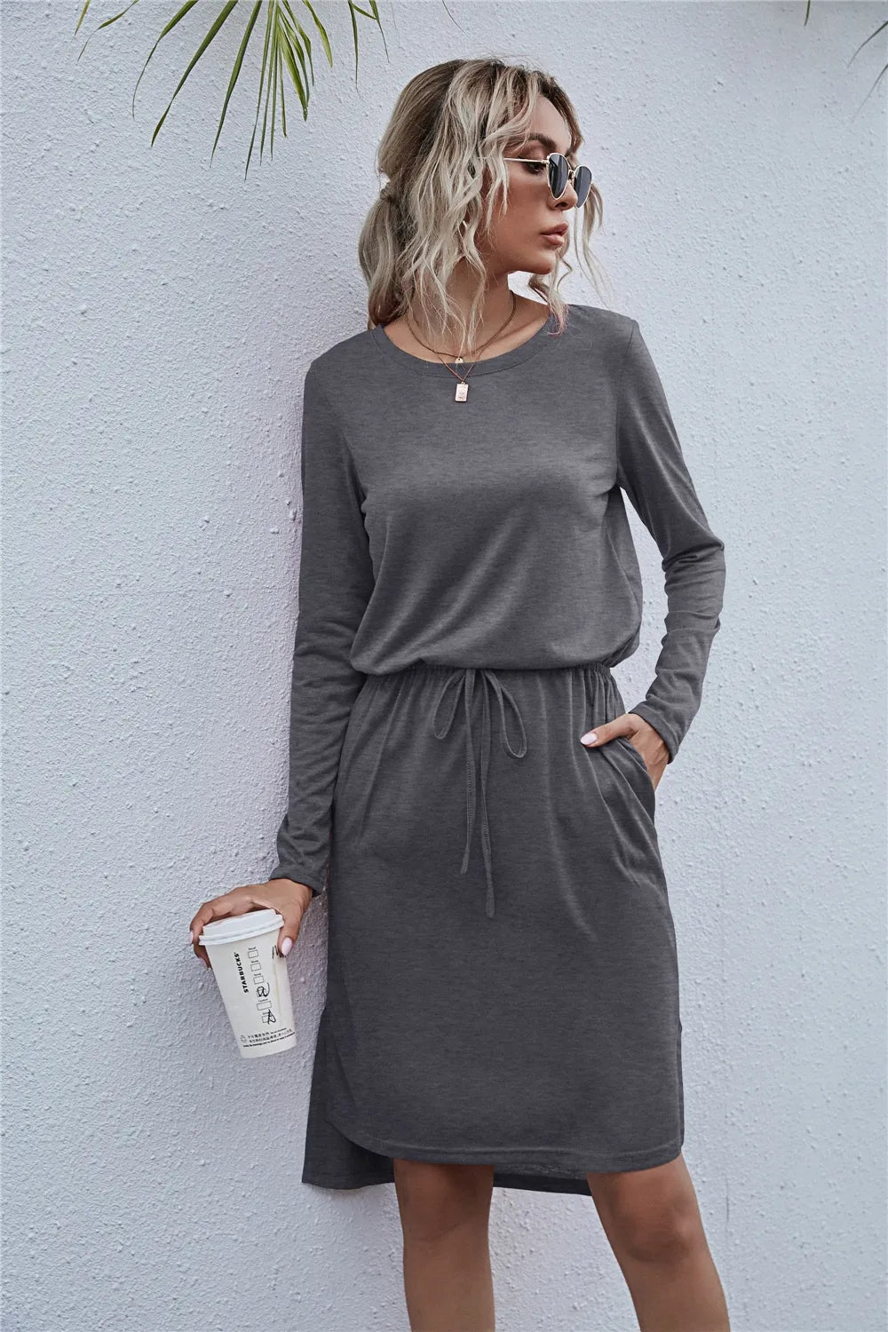 Drawstring Waist Round Neck Long Sleeve Dress 
