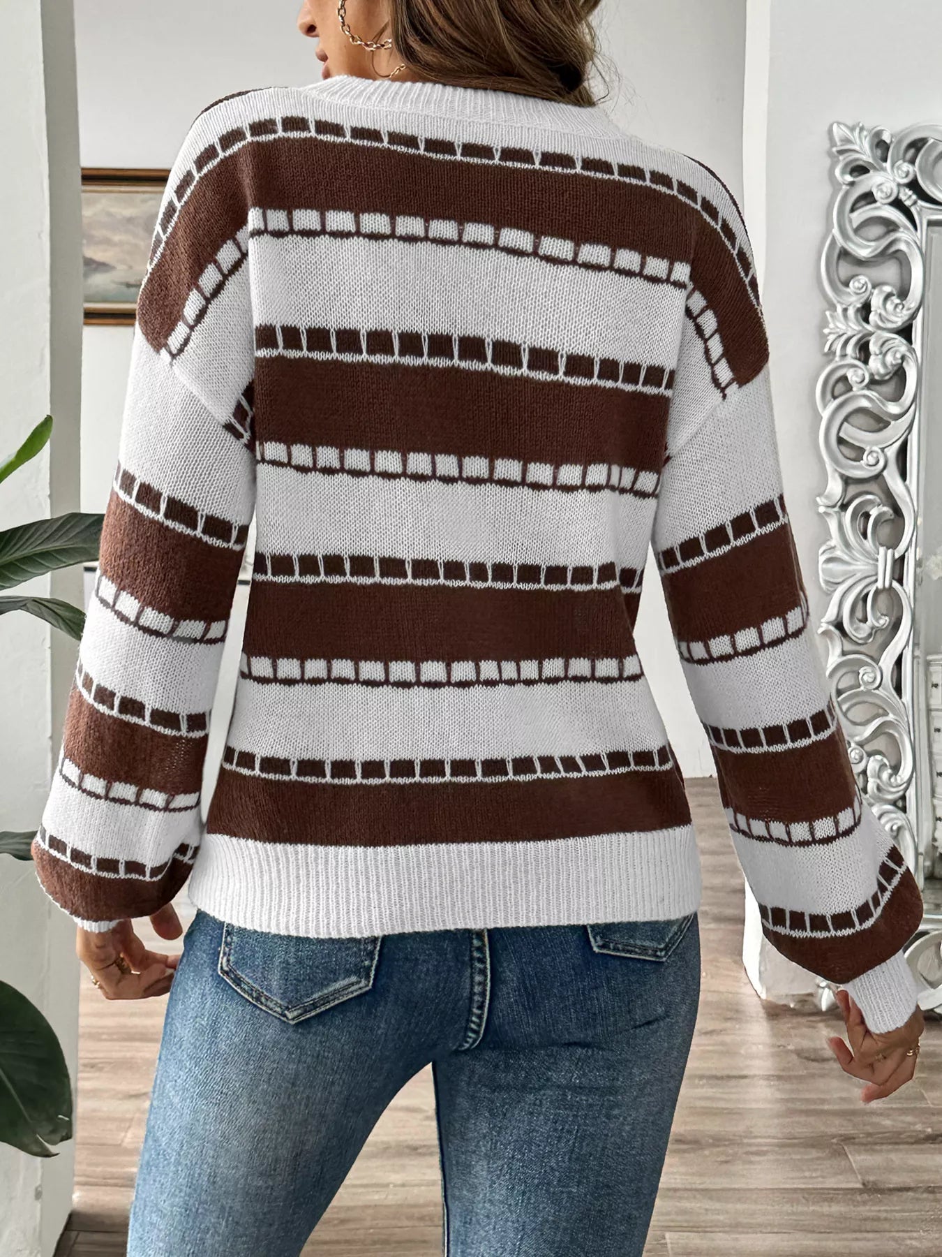 Striped Knit Dropped Shoulder Sweater 