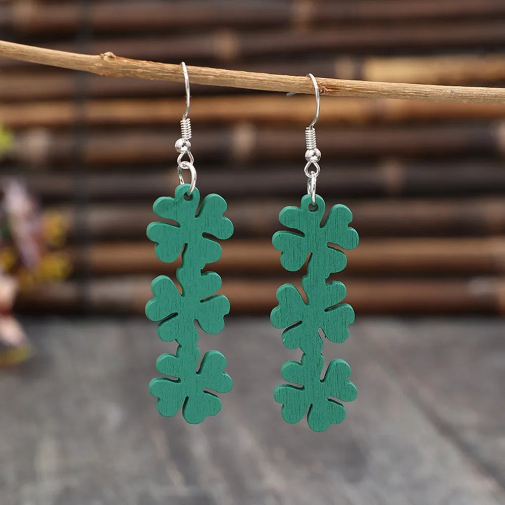 Lucky Clover Wooden Dangle Earrings 