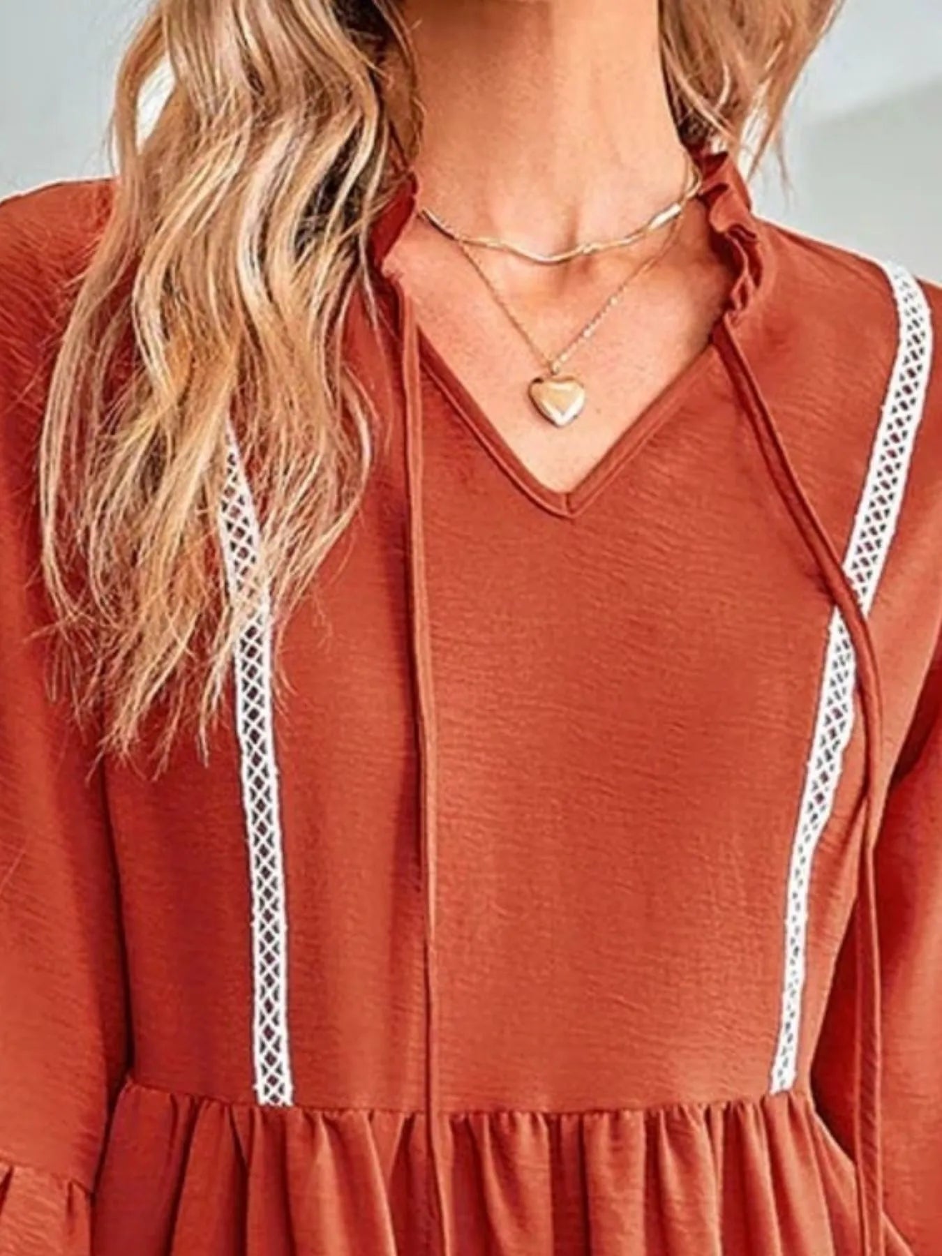 Tie-Neck Long Sleeve Mini Dress with Trim Detail 