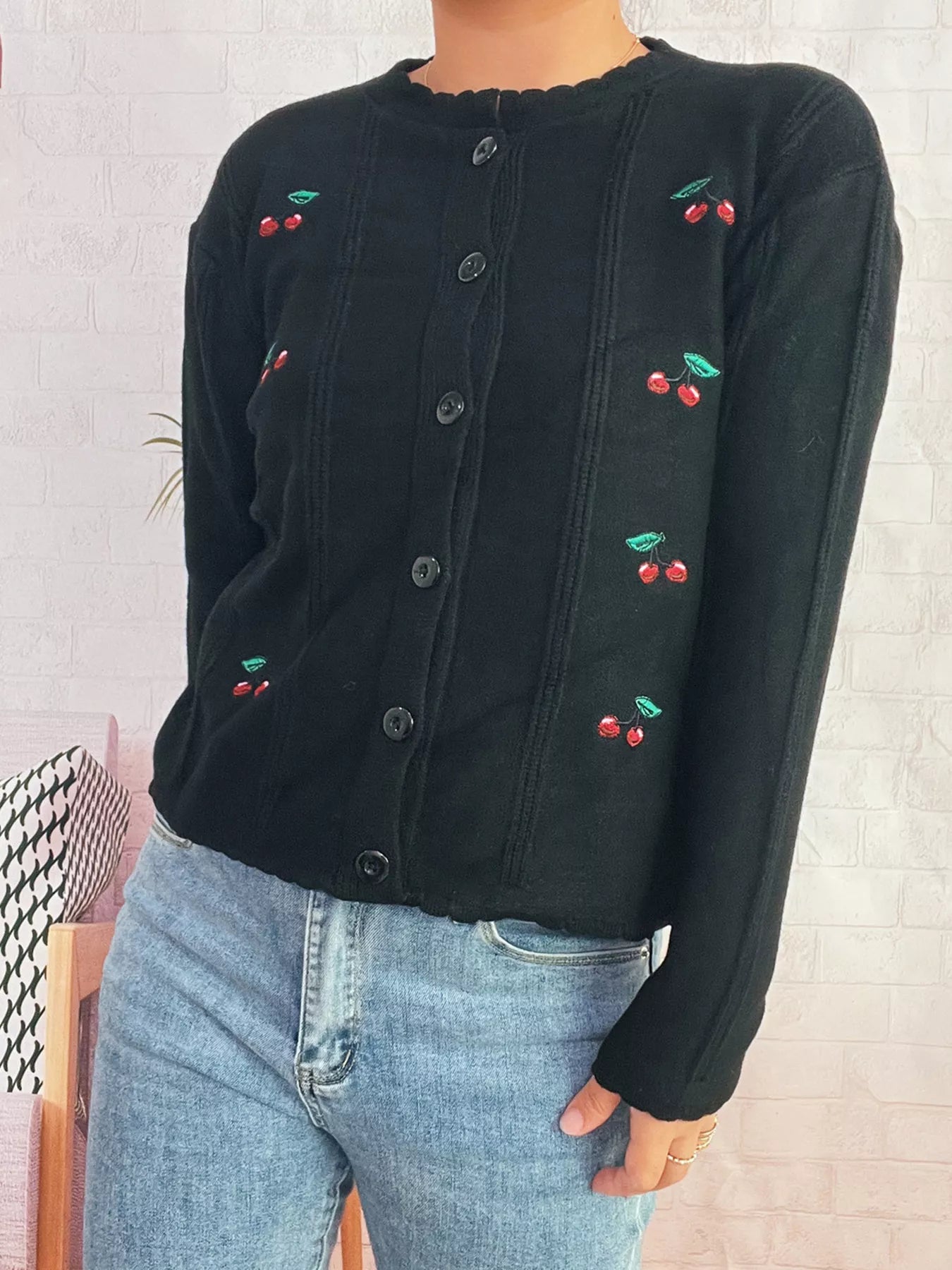 Cherry Embroidered Button Up Cardigan 