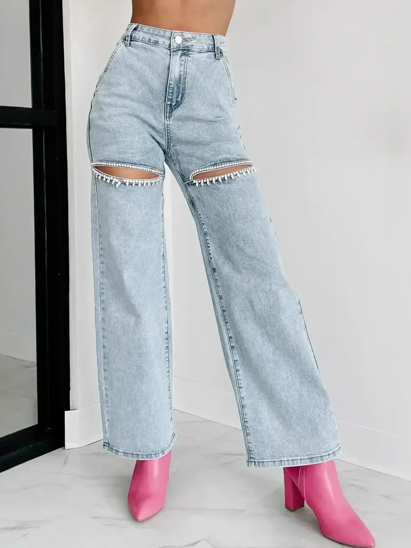 High Waist Cut-Out Wide Leg Jeans 