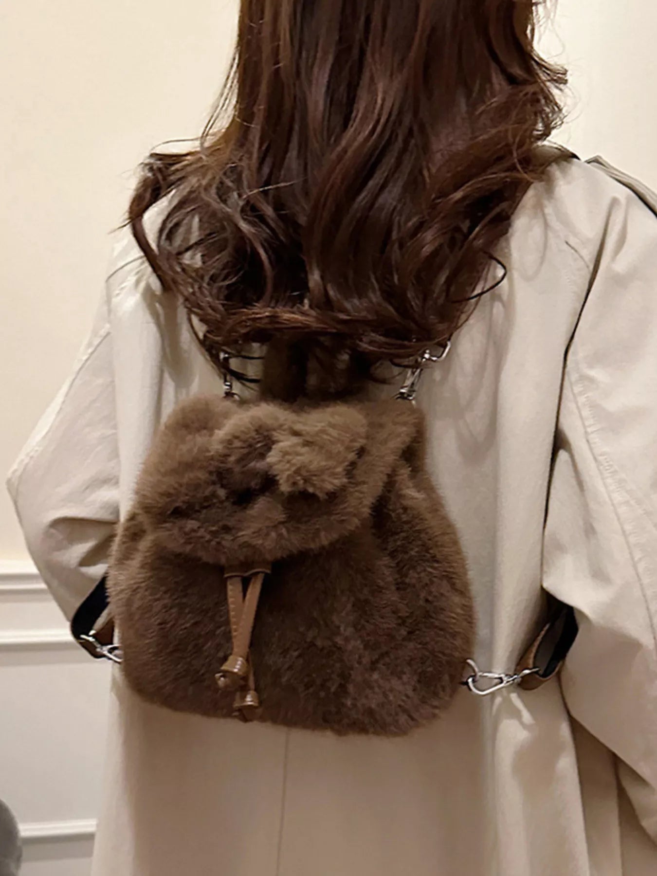 Fuzzy Plush Drawstring Backpack Bag 