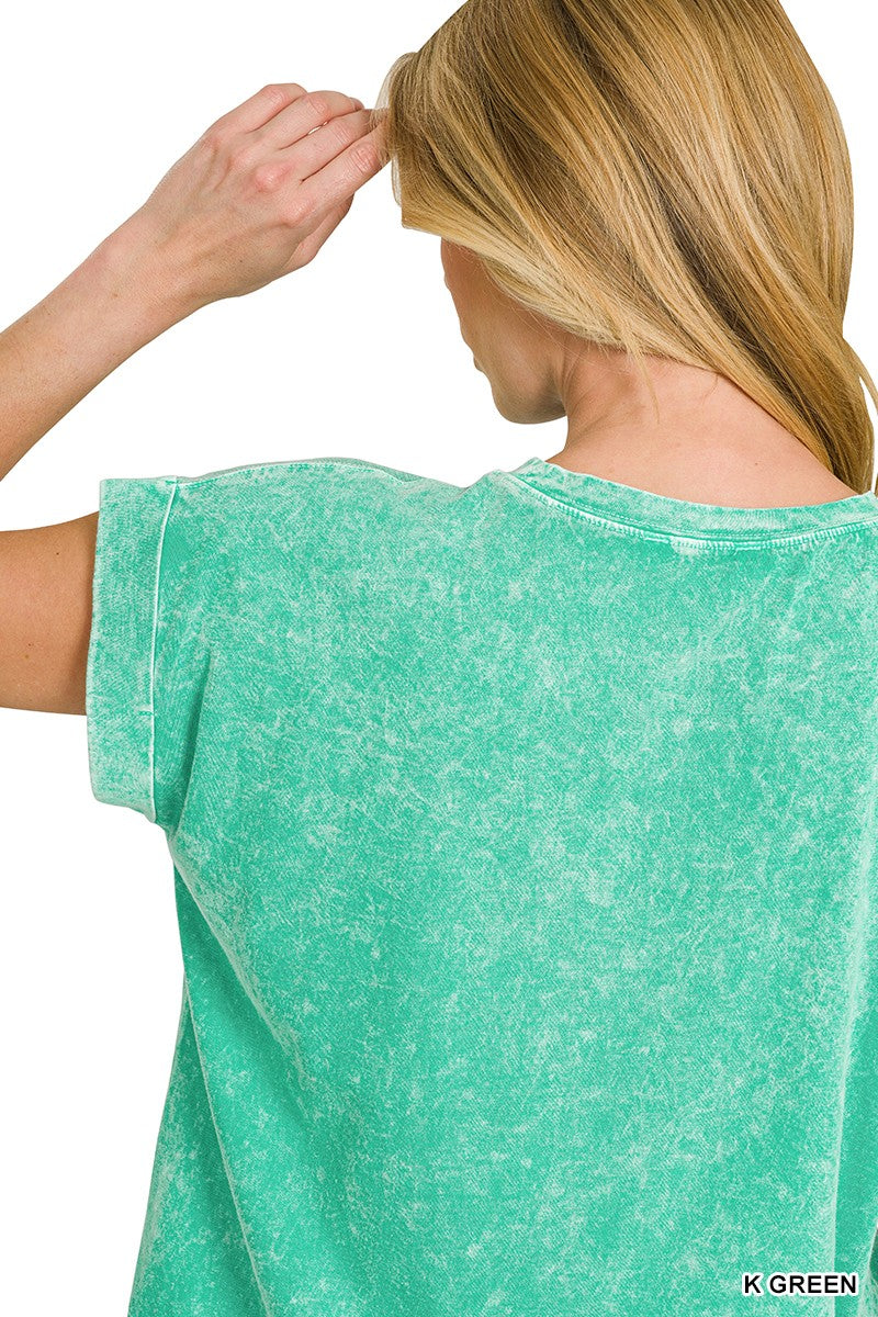 Zenana Halo Snow Washed Cotton Cuffed Short Sleeve Top 