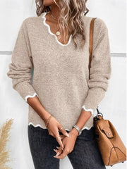 Full Size Scalloped Trim V-Neck Sweater Plus Size 