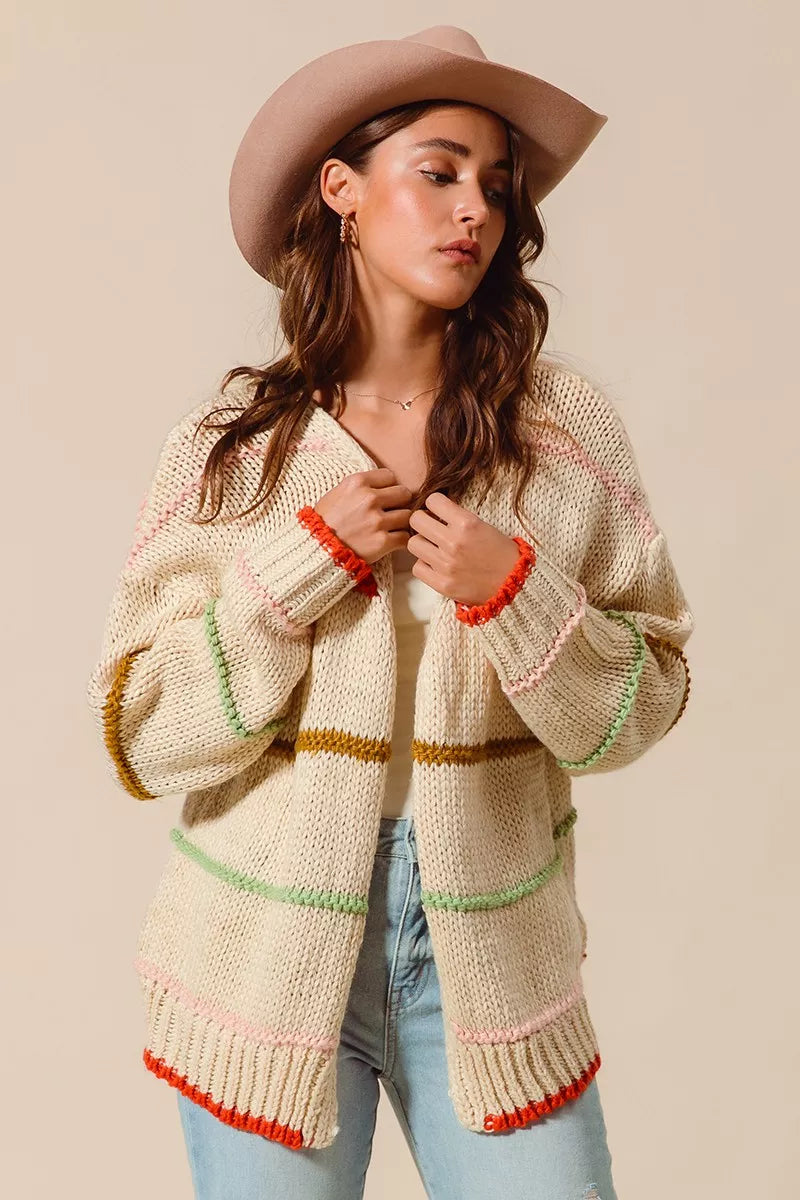 SO ME Loose Fit Multi Stripe Open Front Cardigan 