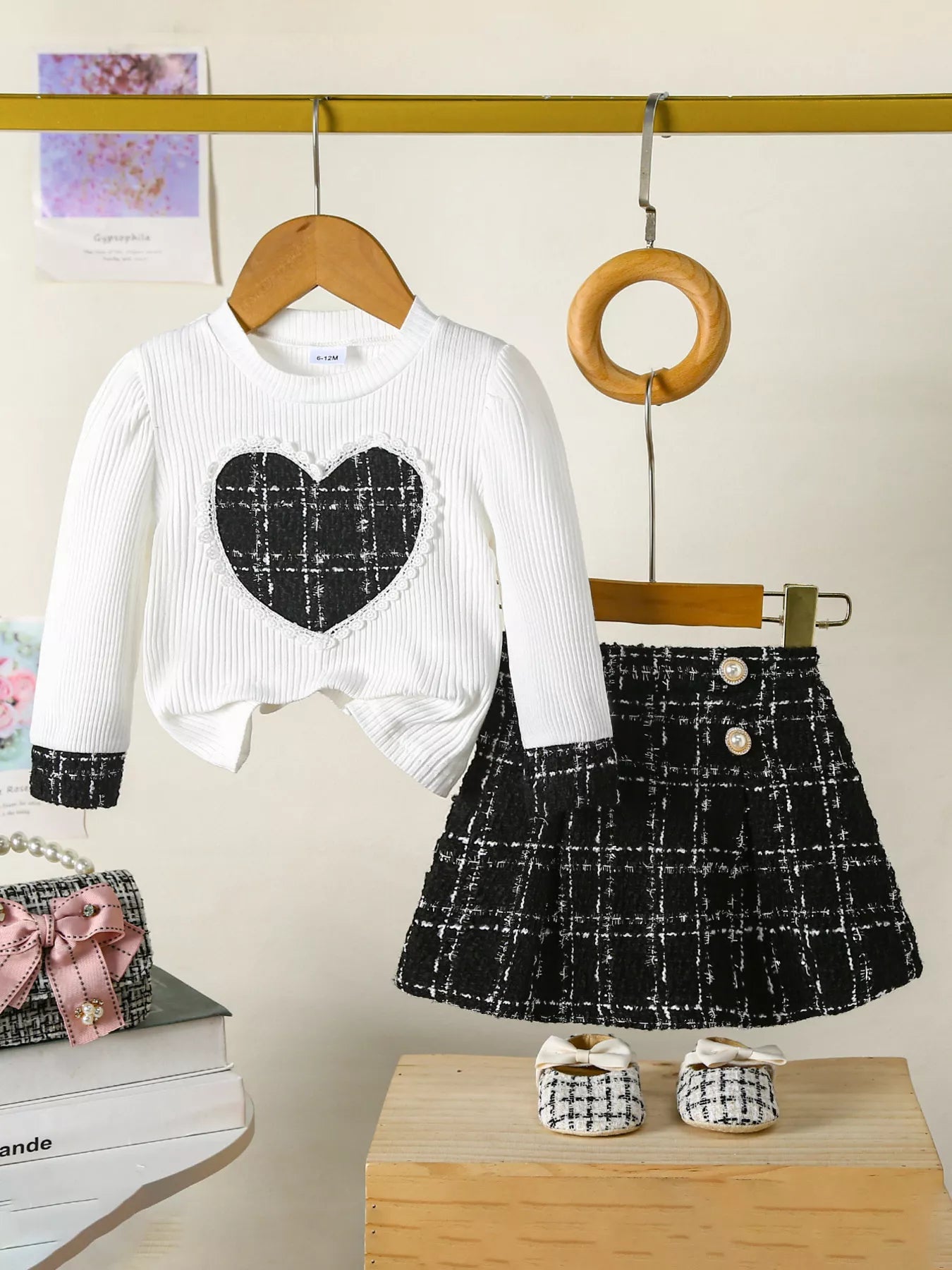 Children's Plaid Heart Top and Skirt Set 